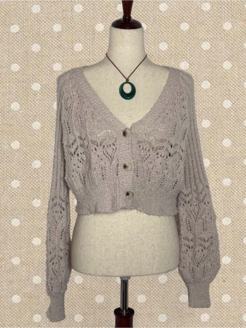 Altar'd State Taupe Openwork V‑Neck Cropped Cardigan - Picture 1 of 7